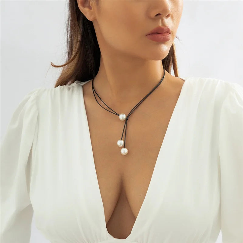 Simple Imitation Pearl Necklace For Women Punk Gothic Black Leather Cord Wax Rope Chain Choker Female Minimalist Charm Jewelry