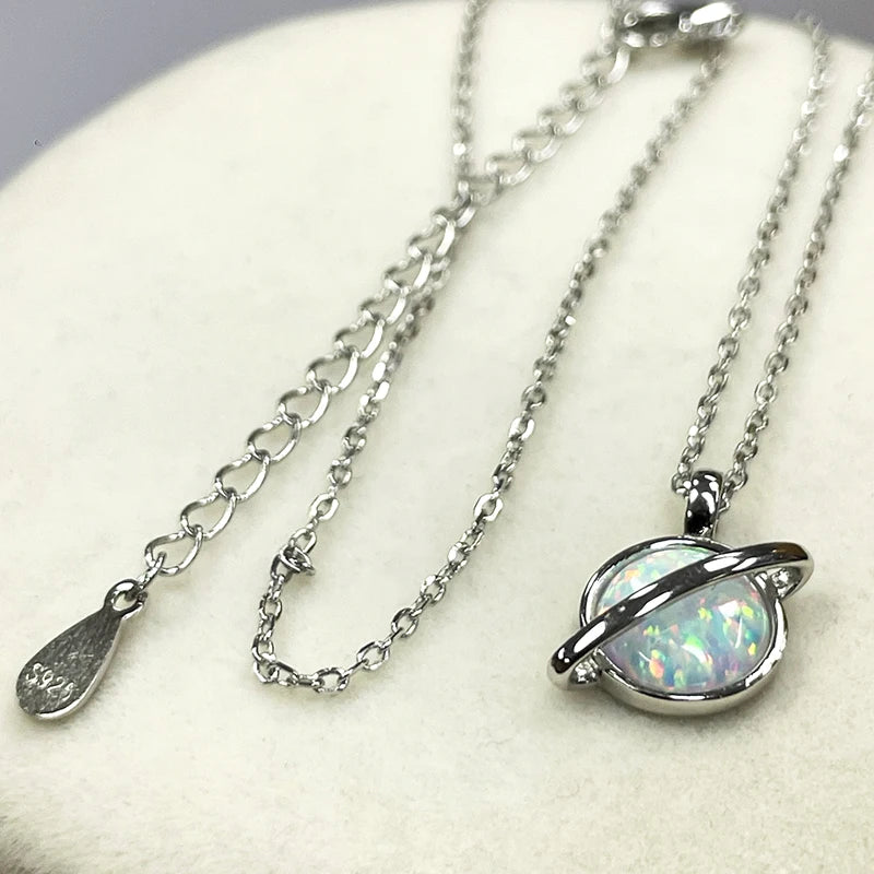 8mm Round White Fire Opal Fashion Planet Necklace Classic 925 Sterling Silver Ladies Pendant Necklace for Women Exquisite Gift