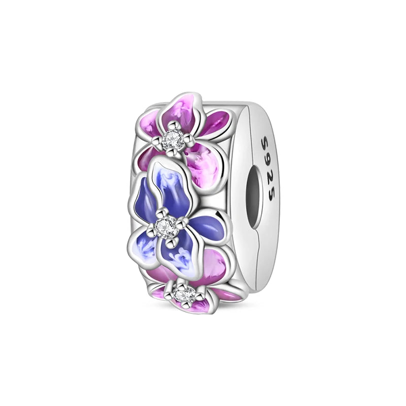 Charms 925 Silver Butterfly Flowers Colorful Zircon Silicone Spacer Beads Fit Pandach 925 Original Bracelets Fine DIY Jewelry