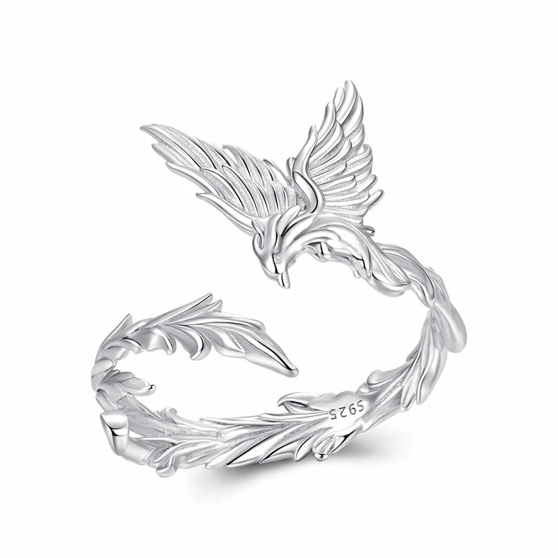 WOSTU 925 Sterling Silver Unique Vintage Style Phoenix Open Ring For Women, Elegant Open Wing Dragon Bird Animal Rings Xmas Gift