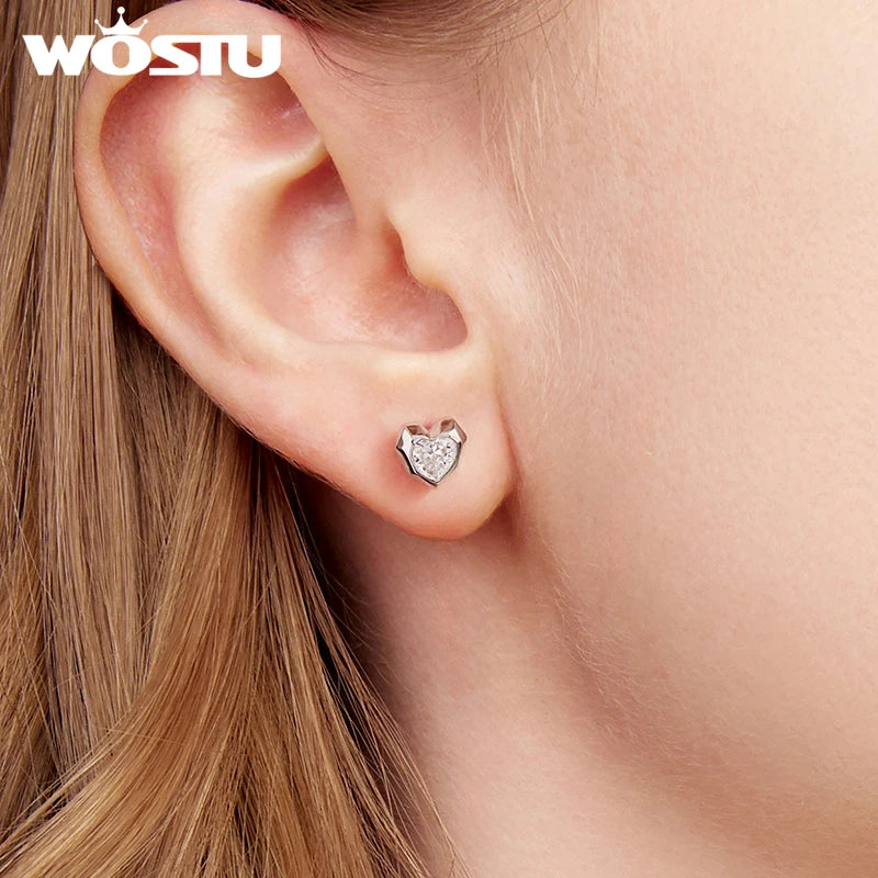 WOSTU 925 Sterling Silver Heart Stud Earrings for Women, Hypoallergenic Studs Luxury Prong Setting Gift for Valentines Day Mom