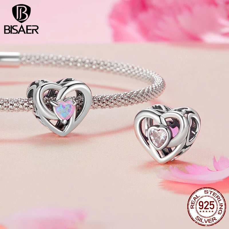 BISAER 925 Sterling Silver Heart Family Charm Angel Mother Child Hug Love Bead For Women Mother's Day DIY Bracelet Fine Jewelry