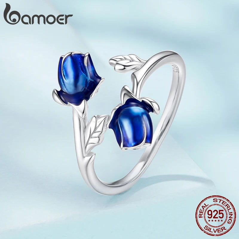 BAMOER 925 Sterling Silver Rose Open Ring with Blue Enamel, 3D Flower Finger Ring for Women Girl Engagement Pure Love Lucky Gift