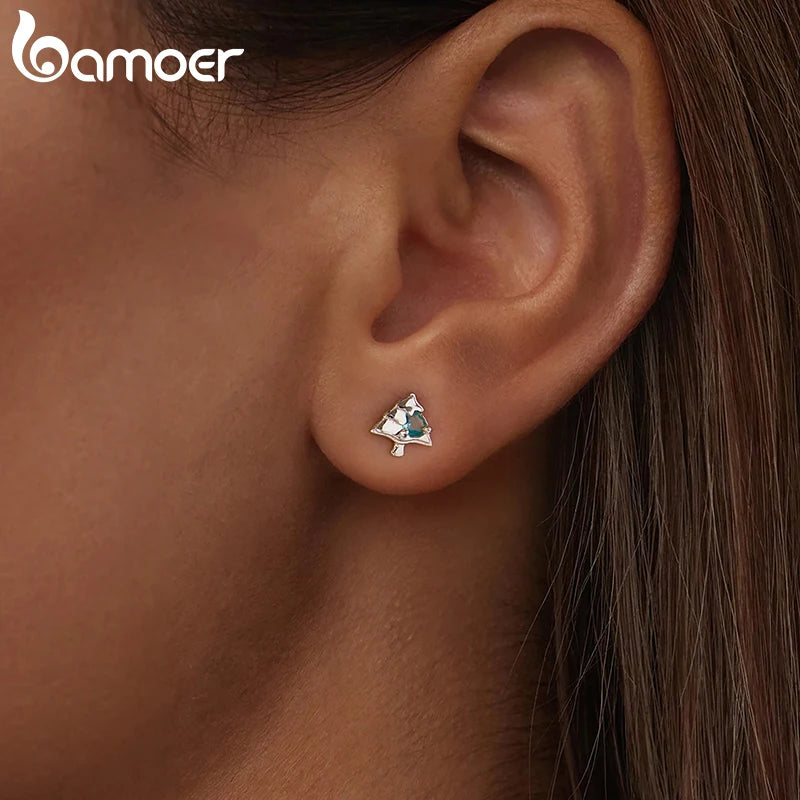 BAMOER 925 Sterling Silver Christmas Tree Stud Earrings, Plated White Gold Green Heart CZ Piercing Earrings for Girls Xmas Gift