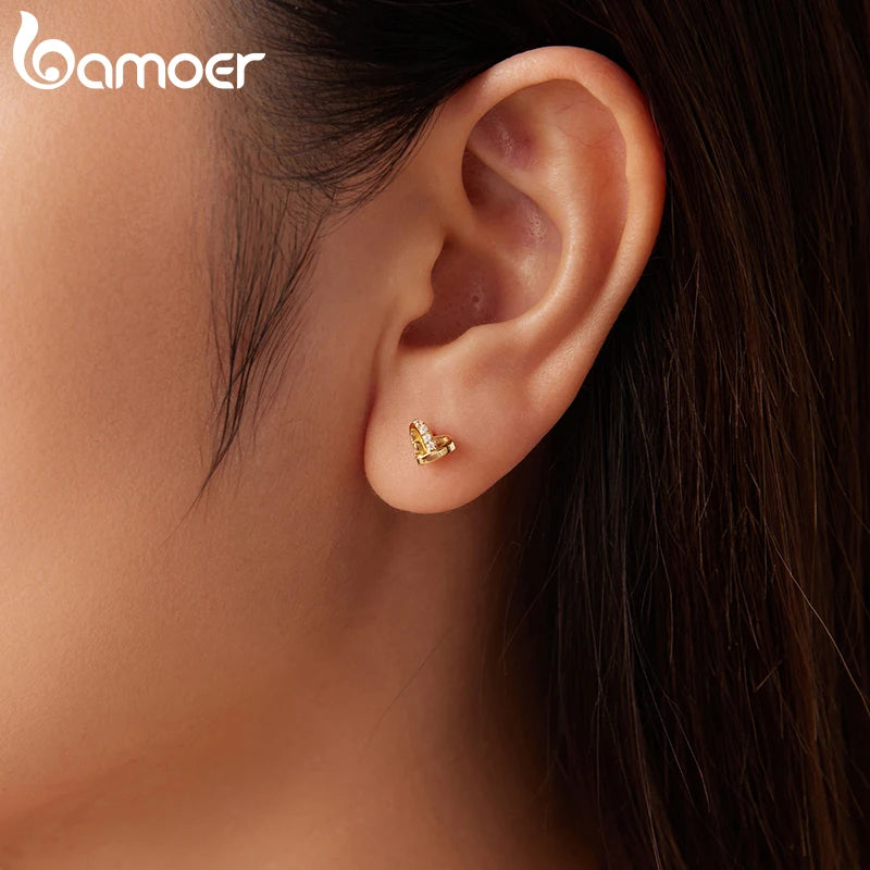 BAMOER 925 Sterling Silber Mini Gold Herz Ohrstecker mit Zirkonia-Besatz, hypoallergen, für Damen, zeitloses Schmuckgeschenk