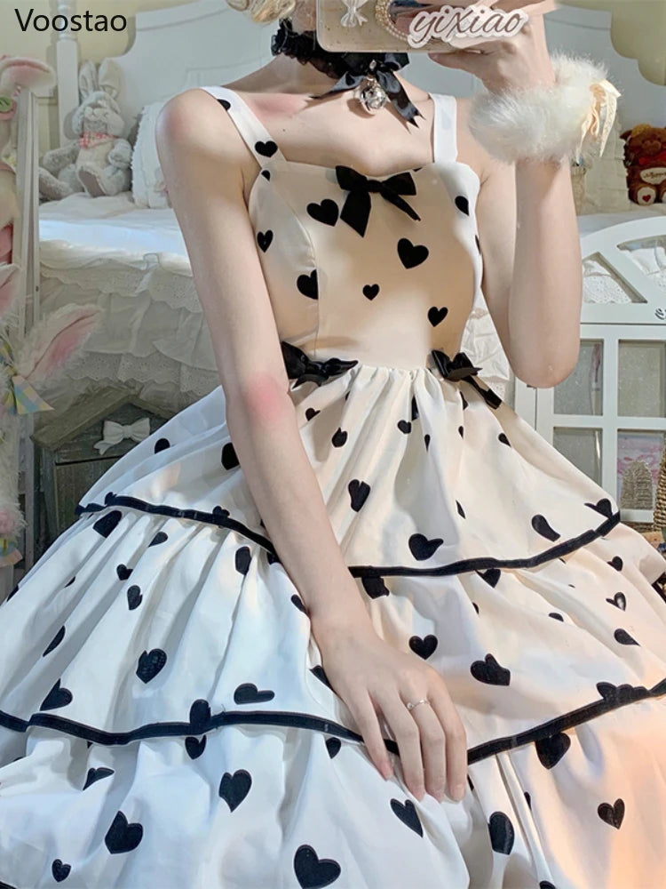 Summer Sweet Lolita Style Princess Dress Women Chic M-3XL Dresses Japanese Kawaii Girl Cosplay Bow Hearts Print Tiered Vestidos