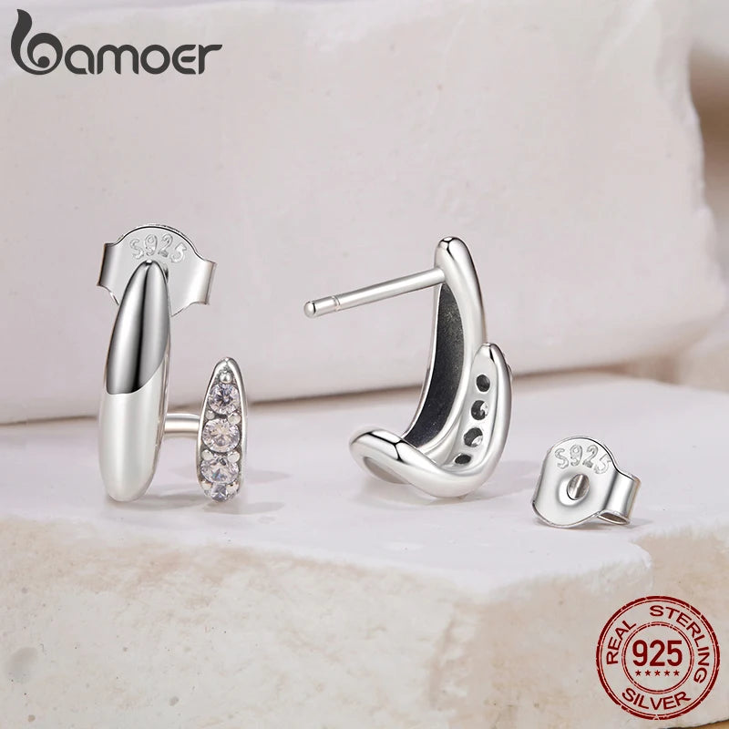 BAMOER 925 Sterling Silver Geometric Double-Layer Stud Earrings CZ Teardrop Earrings Hypoallergenic for Women Simple Xmas Gift