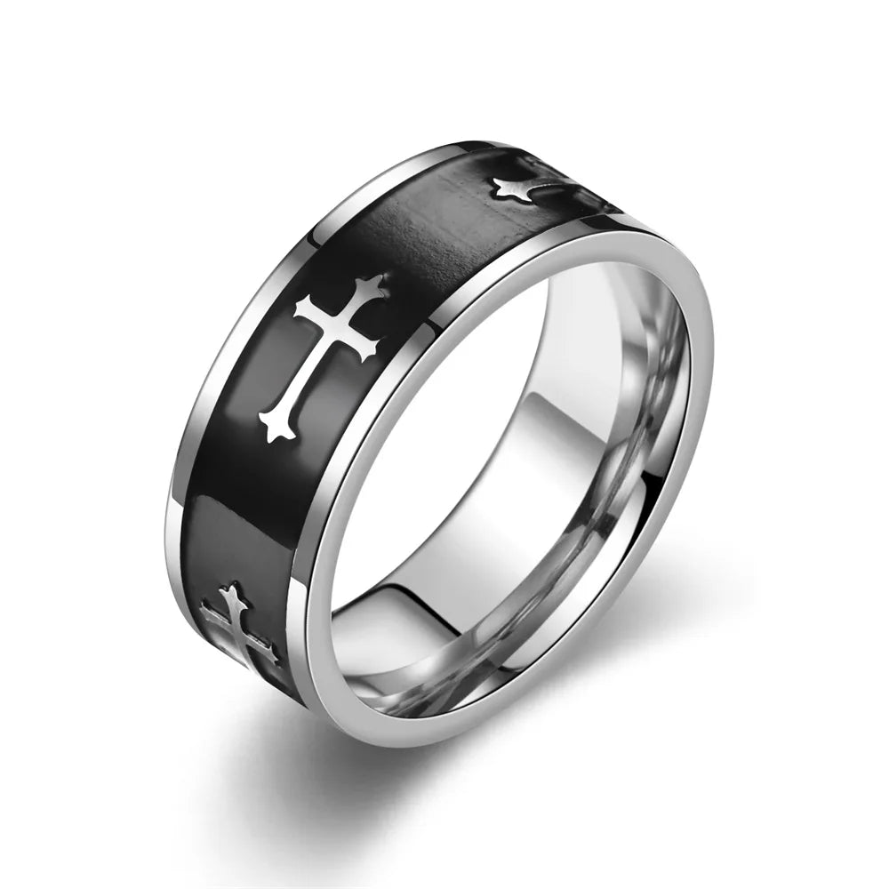 Metallkreuzring für Damen und Herren, schwarz-silberfarben, Edelstahl, Punk-Gothic-Stil, schlichtes Accessoire, christlicher Schmuck, Geschenkidee