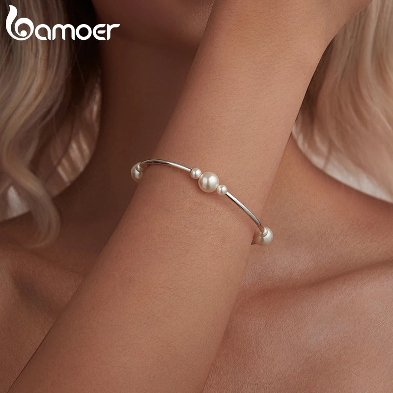 BAMOER Perlenarmband aus 925er Sterlingsilber für Damen, zierliches, verstellbares Perlenarmband mit Kette BSB203