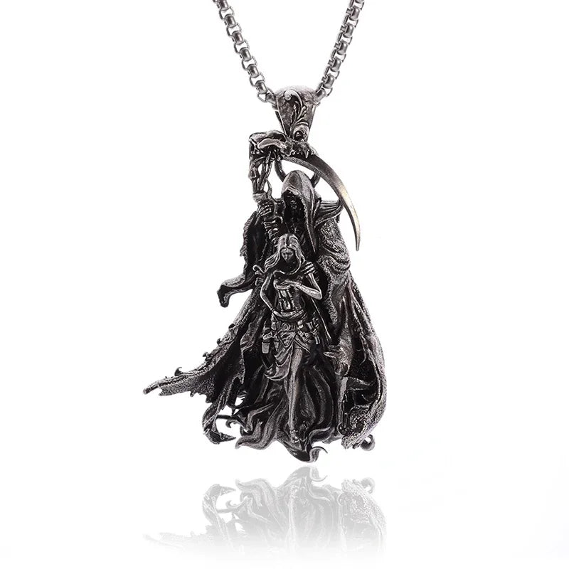 Gothic Vintage Reaper\\\\'s Scythe Necklace Life Ghost Devil Pendant Men\\\\'s Personality Halloween Trend Charm Jewelry Gift