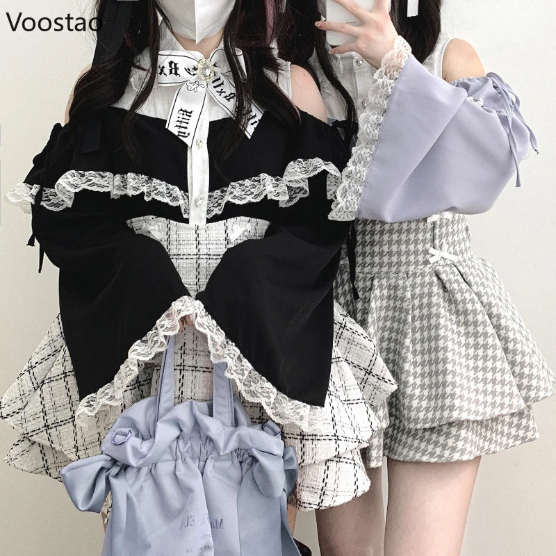 Japanese Gothic Lolita Shirts Women Vintage Kawaii Lace Ruffles Off Shoulder Long Sleeve Blouses Y2k Aesthetic Sweet Tops Blusas
