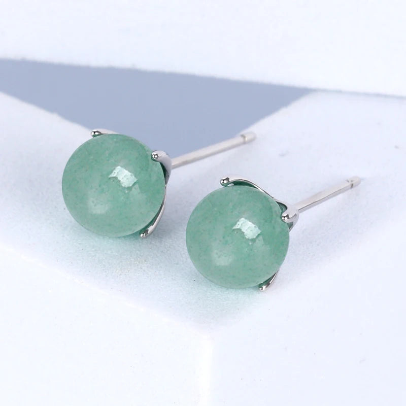 925 Sterling Silver Ladies Casual Four Claw Stud Ear 6.5-7mm Round Natural Aventurine Fashion Earrings for Women Jewelry Gift