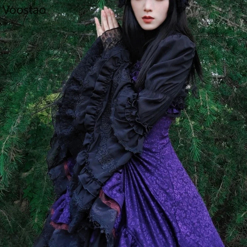 Victorian Gothic Lolita Style Shirts Women Vintage Elegant Lace Ruffles Flare Long Sleeve Slim Blouse Japanese Sweet Y2k Tops