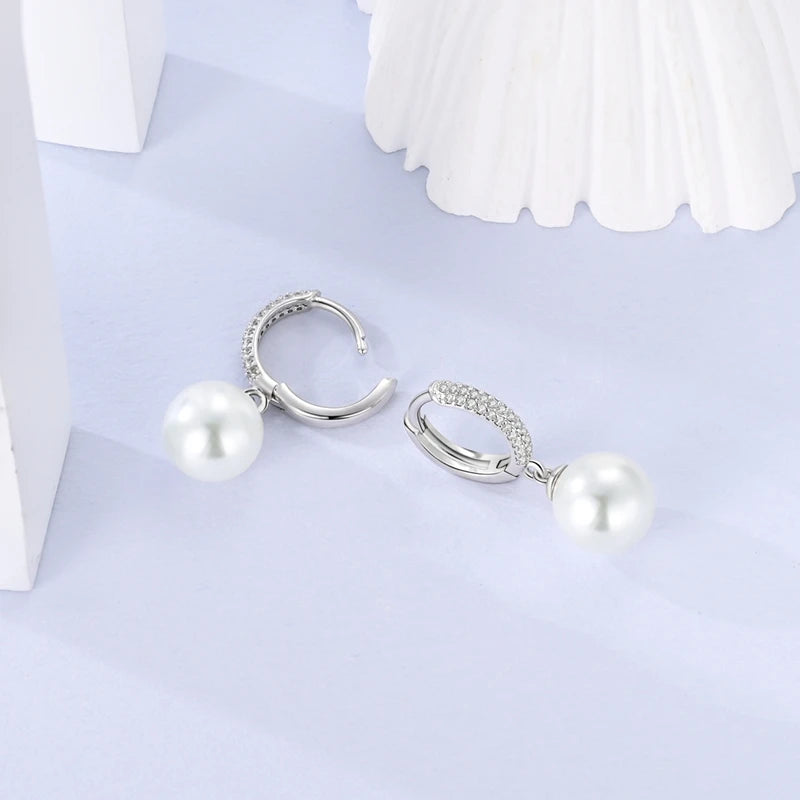 Classic Earrings 925 Silver Shining Pearl Hoop Earrings For Women Daily Wear Wedding Engagement Birthday Fine Party Jewelry Gift