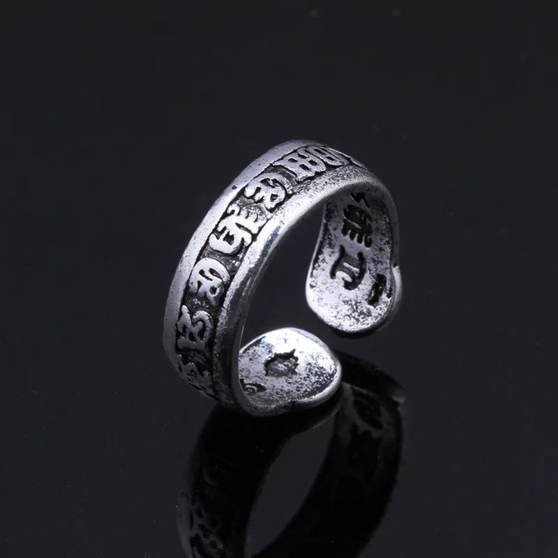 Retro Six Word Admonition Ring For Men Punk Gothic Rock Hiphop Open Ring Unisex Accessories Handmade Designer Jewelry Bless Gift