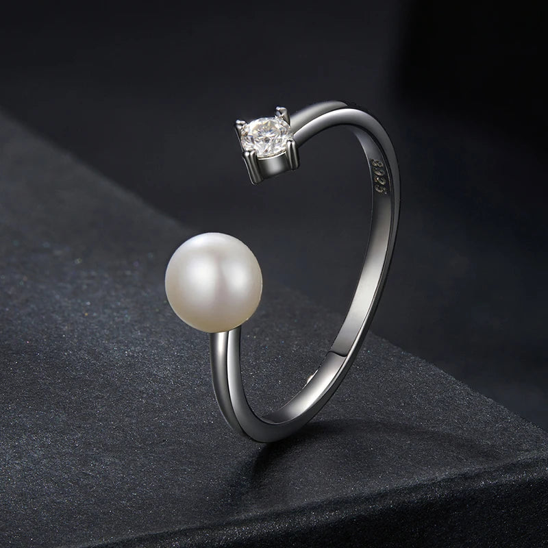 WOSTU Two Gems 0.1CT Moissanite 6mm Pearl Opening Ring Women s925 Silver Diamond Cut Wedding Party Rings Engagement Jewelry Gift