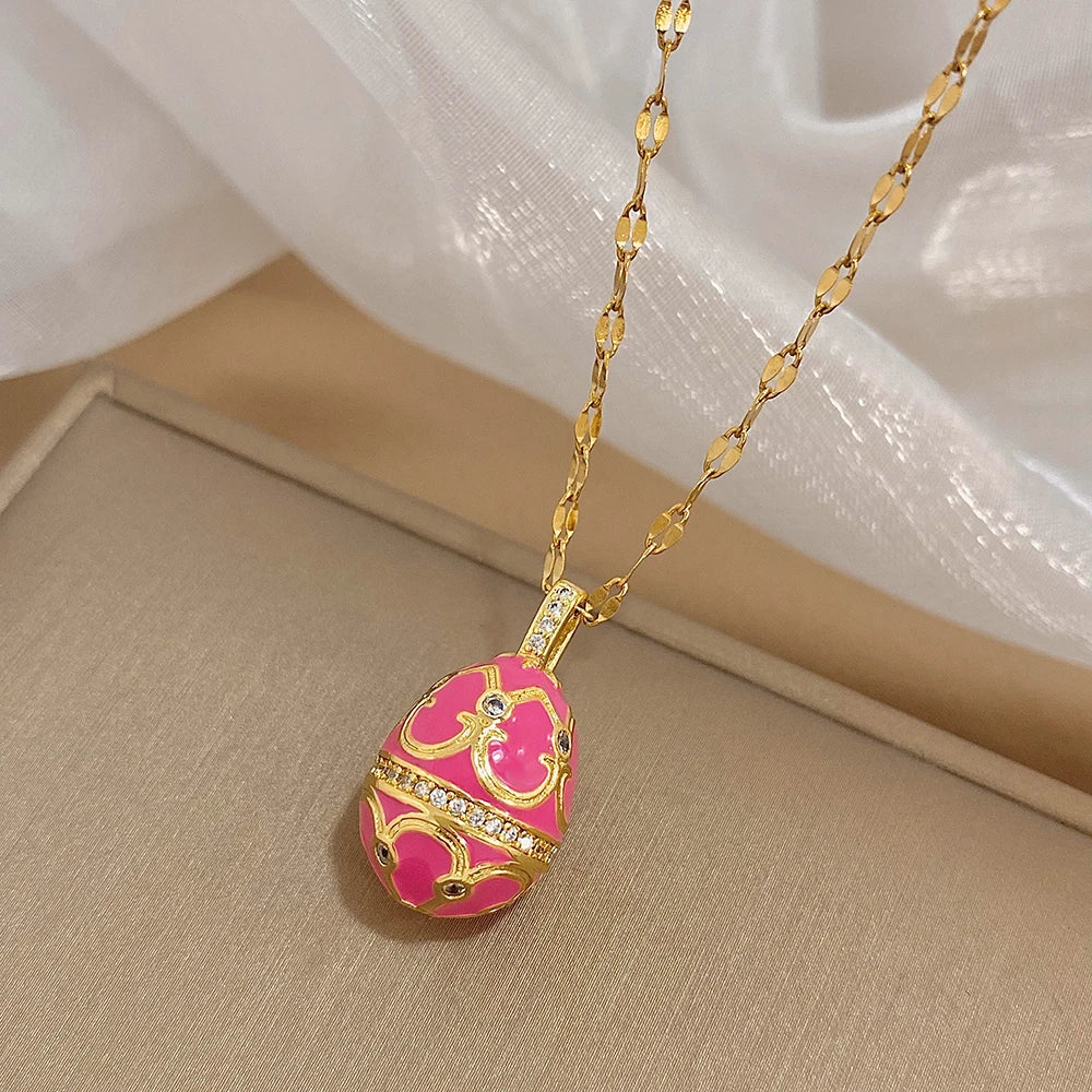 AENSOA Colorful Enamel Easter Egg Pendant Necklaces for Women Guilloche Locket Egg Rhinestone Charm Necklace Gold Color Jewelry