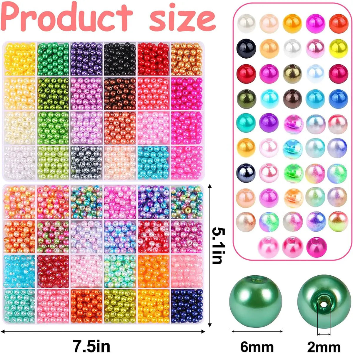 2400PCS 48 Compartments Pearl Jewelry 48 Colors 6 mm Pearl Bracelet Making Kit, 2 Boxes of Round Beads for Beginners