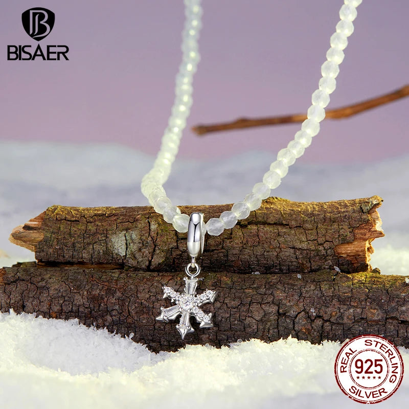 Collier pendentif fleur de glace BISAER en argent sterling 925 avec breloque en forme de perle chaîne réglable plaquée or blanc pour femme bijoux fins