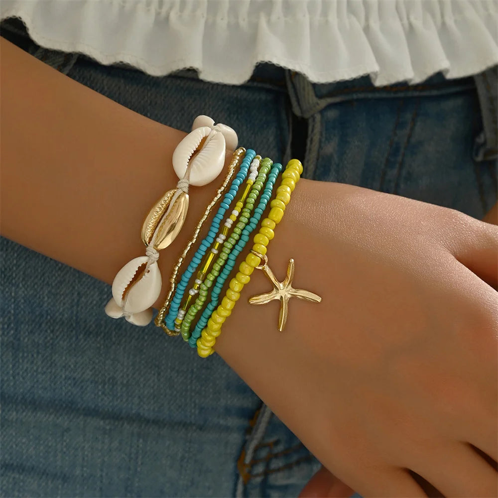7pcs Bohemian Multilayer Ocean Style Starfish Shell Beads Summer Bracelets For Women Jewelry Perfect For Beach Vacation Festival