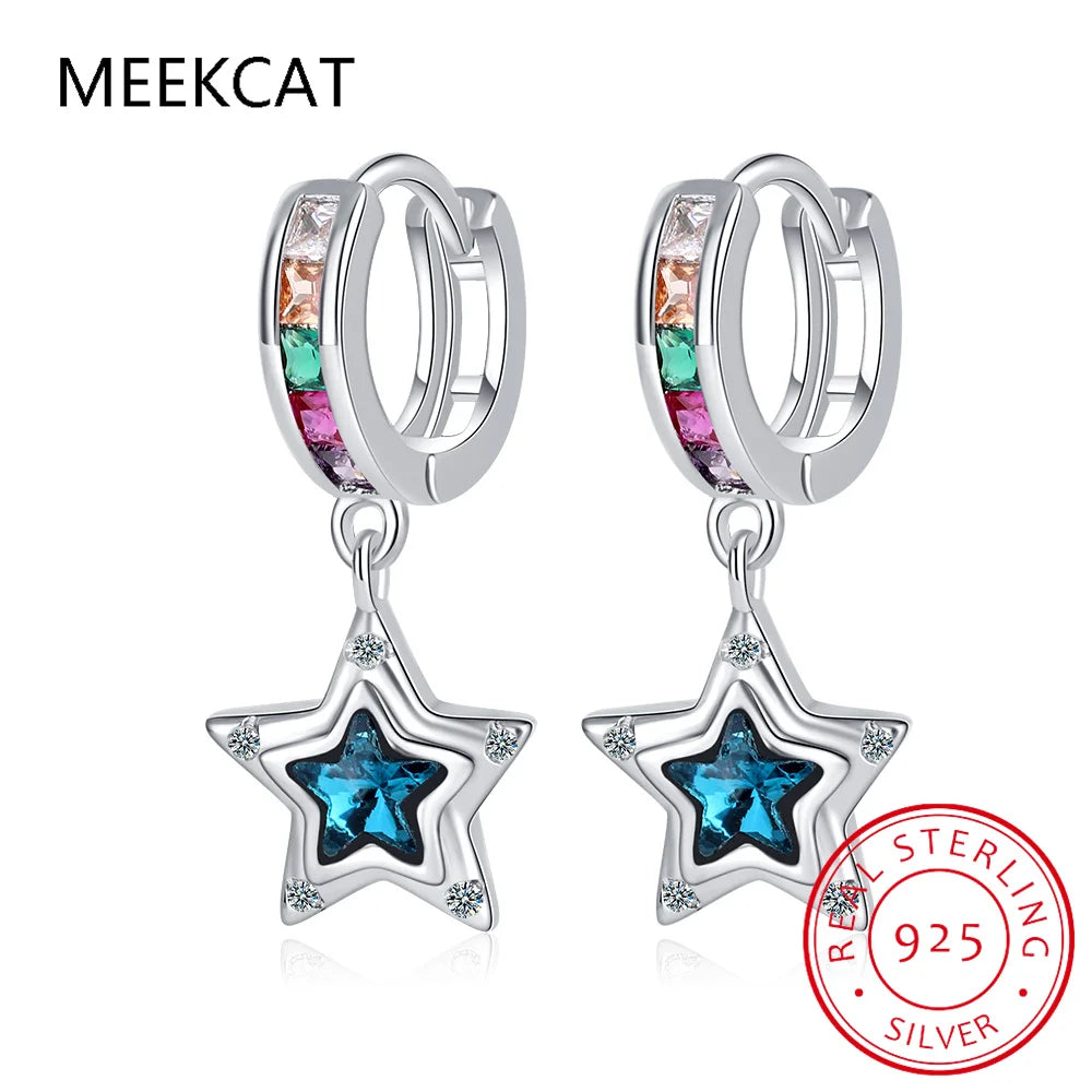Baby Princess 925 Silver Blue Crystal Star Hoop Earring For Child Girl Women Rainbow Zirconia Loop Huggies Earring Korea Jewelry