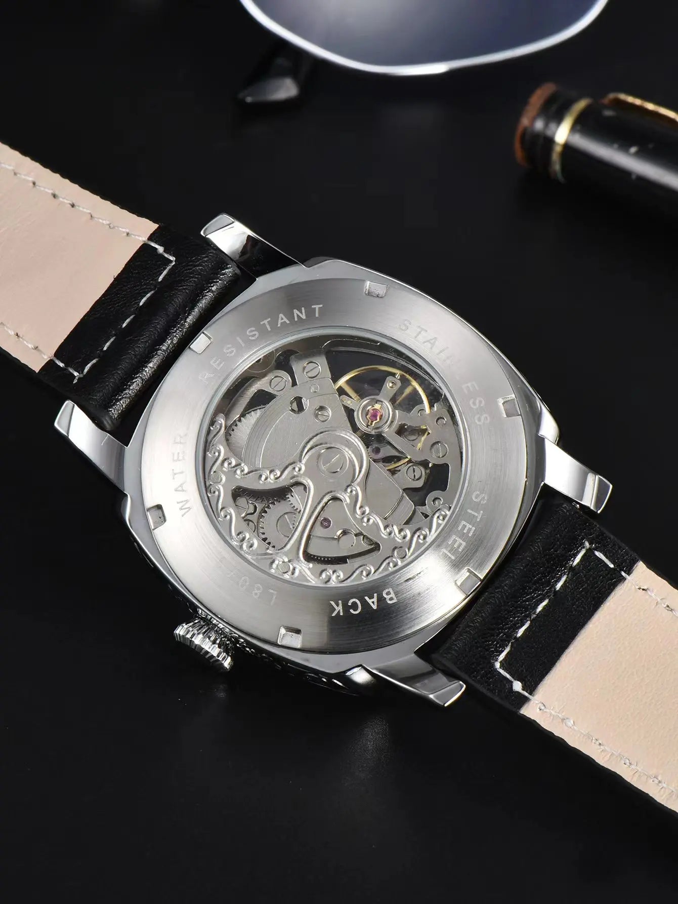automatic watch retro style wholesale mechanical wristwatches skeleton carve waterproof leather no logo mens watch
