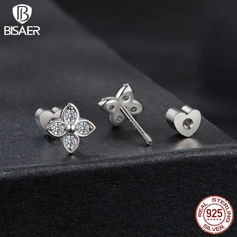 BISAER Four-leaf Clover Moissanite Stud Earrings 925 Sterling Silver VVS1 EX Cut Lab Diamond Stud Ear Girl Party Fine Jewelry