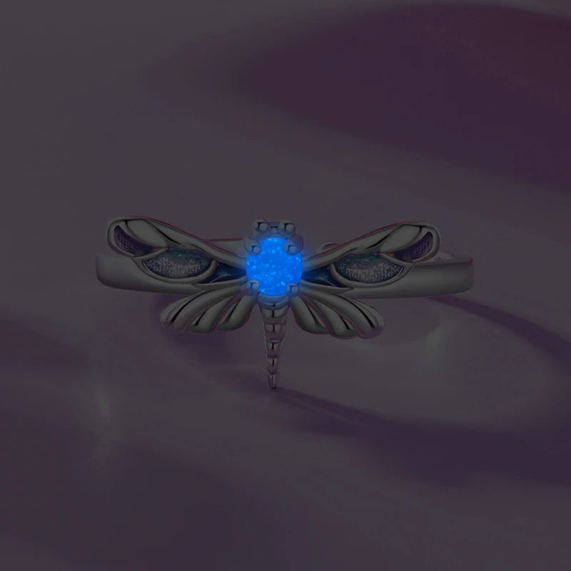 WOSTU  925 Sterling Silver Luminous Dragonfly Bee Ring Women Rainbow Glow in DarK Kunzite Open Rings Party Jewelry Birthday Gift
