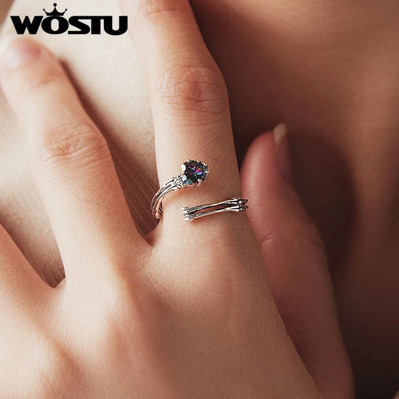 WOSTU 925 Sterling Silver Punk Skull Hand Open Ring With Rainbow Heart Crystal , Vinage Gothic Skeleton Rings Halloween Gift