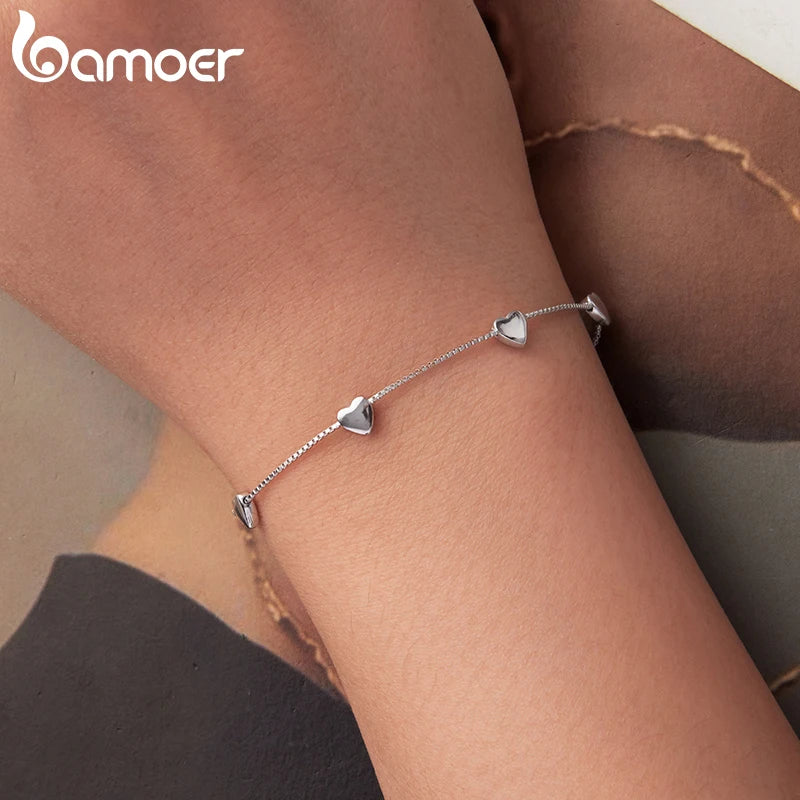 BAMOER  925 Sterling Silver Adjustable Heart Bracelet Dainty Box Chain Bracelet for Women Teen Girls Sweet Birthday Gift
