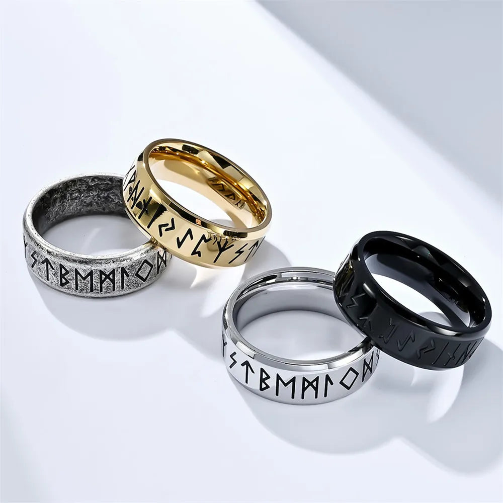 MKENDN Simple Vintage Oxidized Black Viking Style Norse Runes Amulet Rings For Men Women Stainless Steel Finger Jewelry Gifts - Madeinsea©