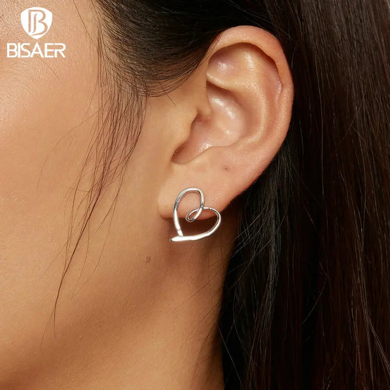 BISAER 100% 925 Sterling Silver Simple Heart Stud Earrings Plaqué Platine Ear Clip Pour OL Femme Mariage Fine Jewelry EFE871