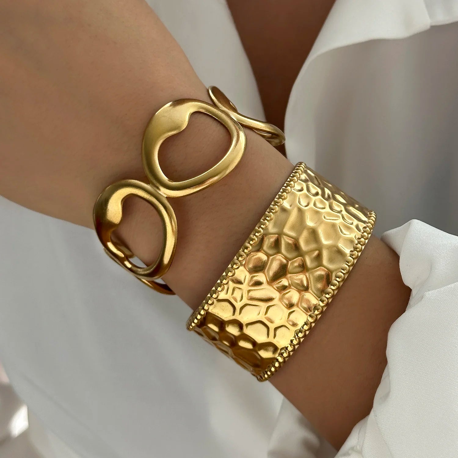 Stainless Steel Multilayer Wave Wide Bangles for Women Gold Color Metal Chunky Flower Cuff Bangle Bracelets Aesthetic Jewelry