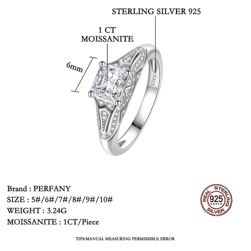 PERMANY 1-2CT Princess Square Cut Moissanite Ring for Women S925 Pure Silver Laboratory Diamond Wedding Fashion Jewelry ﻿