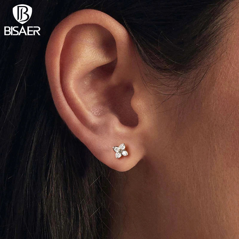 BISAER Four-leaf Clover Moissanite Stud Earrings 925 Sterling Silver VVS1 EX Cut Lab Diamond Stud Ear Girl Party Fine Jewelry