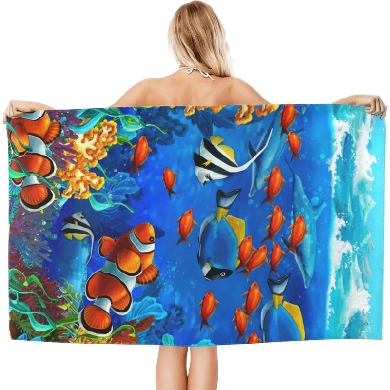 Ultra-Soft Polyester Beach Towel, 27.5x55 inch, Tropical Fish and Coral Print, Ideal for Sports, Spa, Yoga, Hotel Gym