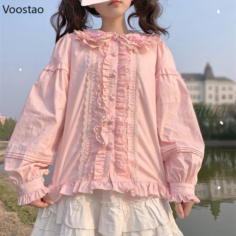 Japanese Cute Lolita Blouses Women Kawaii Candy Peter Pan Collar JK Shirt Tops Girls Sweet Lace Ruffles Puff Sleeve Chic Blouse