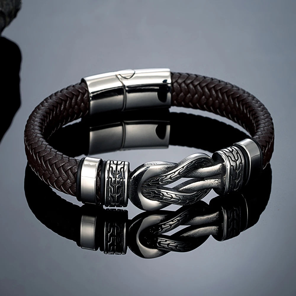 MKENDN Classic Men Infinity Bracelet Woven Multilayer Braided Leather Bracelets Stainless Steel Sailor Knot Jewelry Gifts