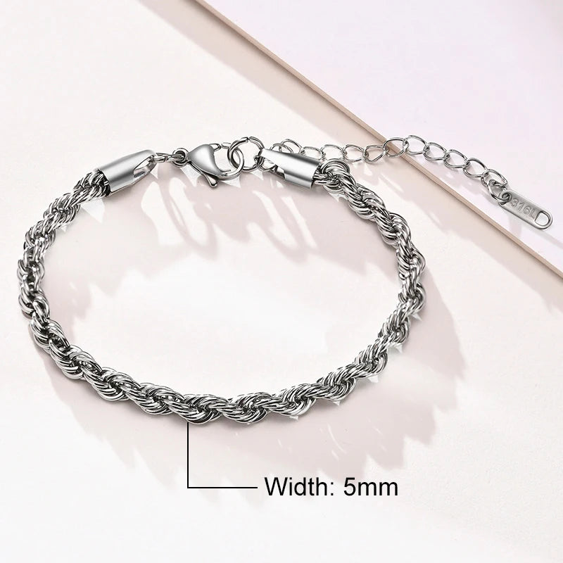 Vnox Unisex Rope Chain Bracelets for Men Women, Stainless Steel Twisted Links Chain Bracelet,Simple Classic Jewelry Gift for Him - Madeinsea©