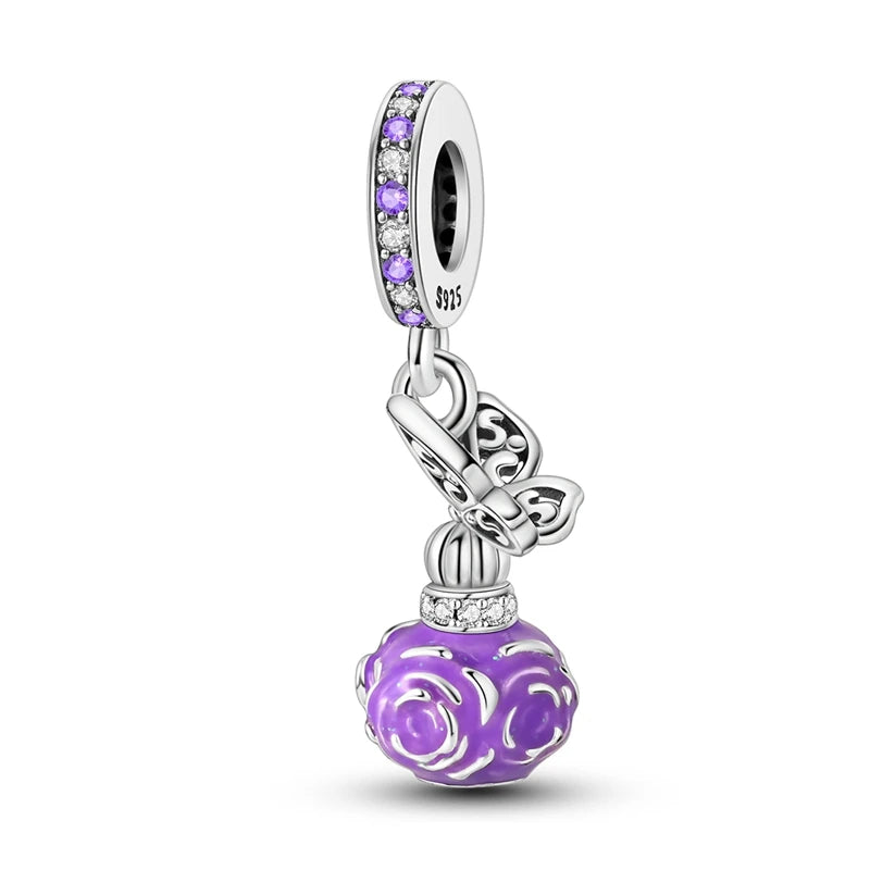 Original S925 Silver Romantic Pink Crown Perfume Bottle Charms Beads Fit Qikaola Bracelets Fine DIY Jewelry Valentine's Day Gift