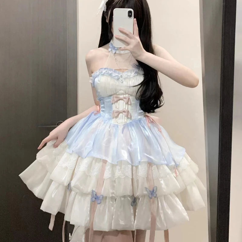 Vintage Victorian Lolita Princess Mini Dress Women Gothic Y2k Bow Lace Ruffles Sleeveless Party Dresses Girl Sweet Elegant Dress