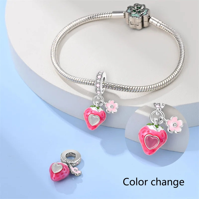 925 Silver Change Color Strawberry Cherry Avocado Fruit Series Charms Beads For 925 Original Bracelets DIY Birthday Jewelry Gift