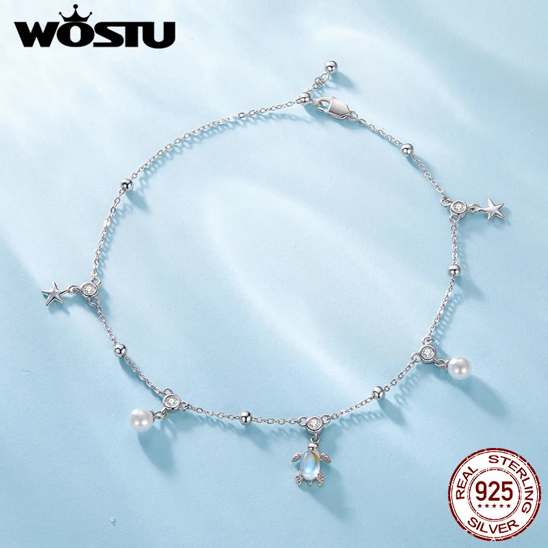 WOSTU 925 Sterling Silver Turtle Starfish Anklet Foot Jewelry for Women Pearl Zircon  Summer Beach Anklets Holiday Jewelry Gift