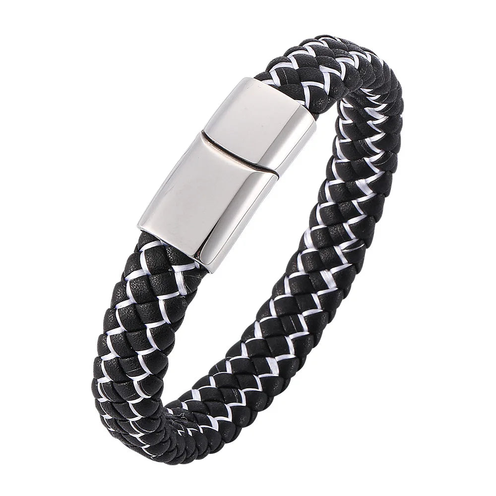 MKENDN Punk Men Braided Genuine Braided Blue Leather Bracelet Black Stainless Steel Magnetic Buckle Bracelet Gifts Homme Pulsera