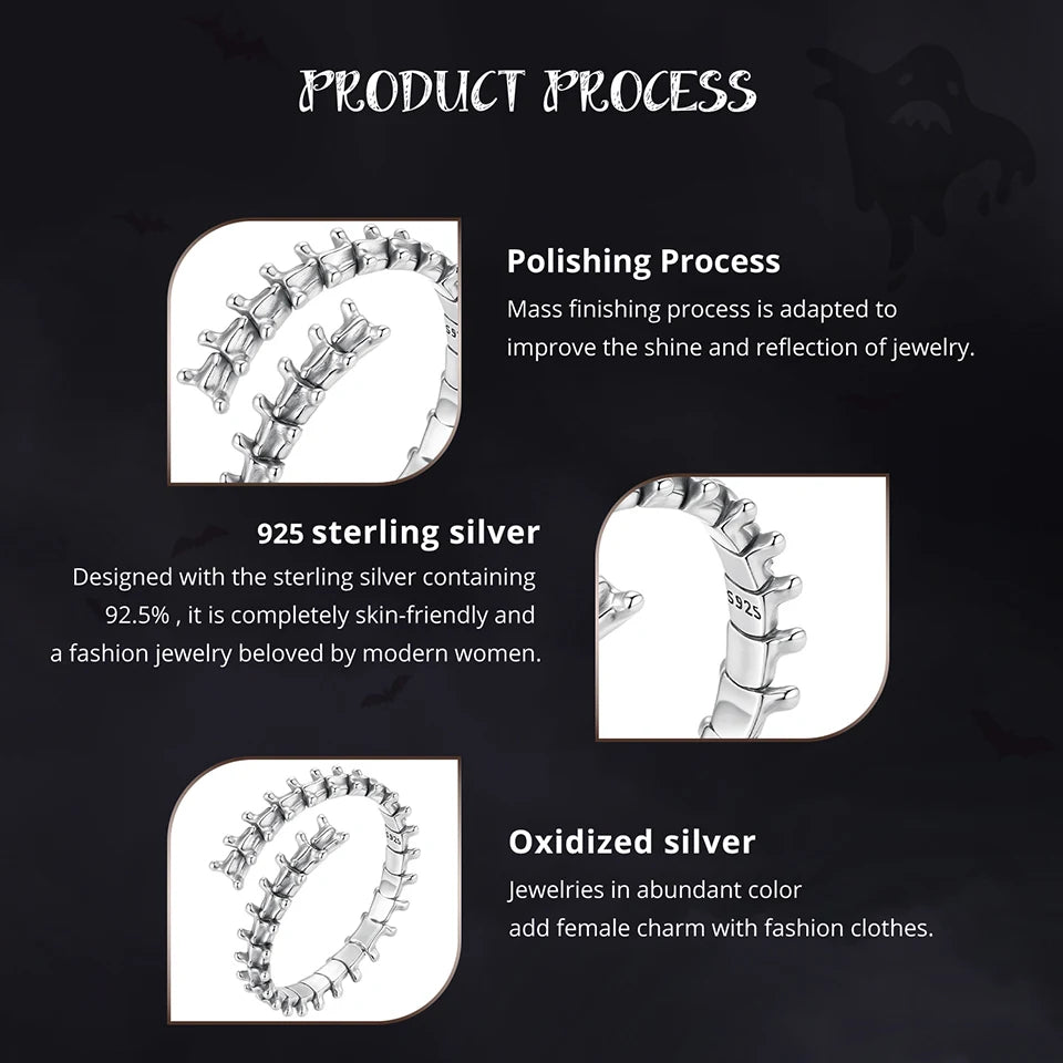 WOSTU 925 Sterling Silver Vintage 925 Sterling Silver VertebraeOpen Ring, Punk Spine Adjustable Rings Edgy Halloween Gift