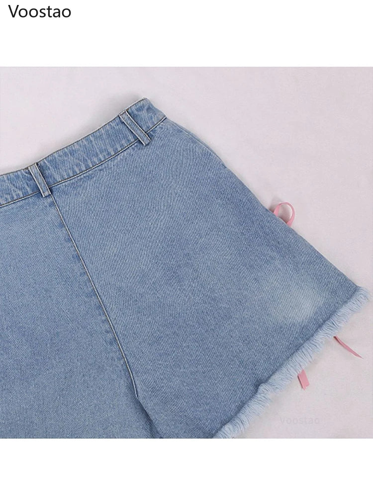 Summer Harajuku Lolita Style Denim Shorts Girly Sweet Cute Cartoon Piggy Embroidery Bow Bandage Short Pants Women Kawaii Jeans