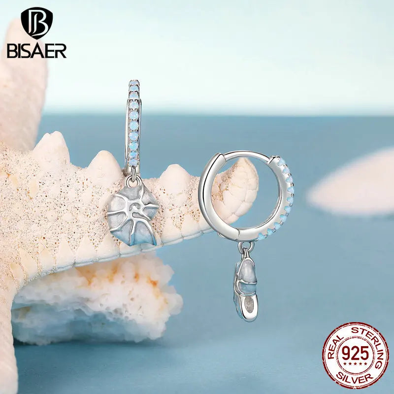 BISAER 925 Sterling Silver Blue Seashell Hoop Earrings Bule Enamel Buckles Plated White Gold For Woman Fine Jewelry Holiday Gift