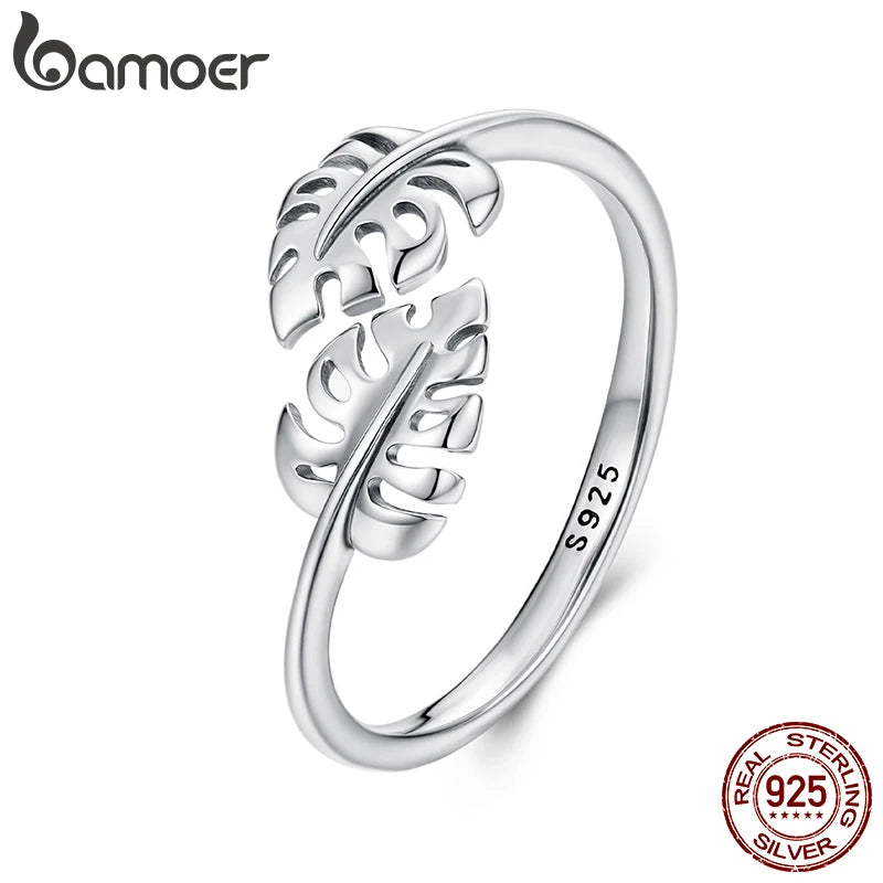 BAMOER Solid 925 Sterling Silver Leaves Ring Adjustable Stacking Finger Ring, Beautiful Leaf Jewelry For Women BSR671-E
