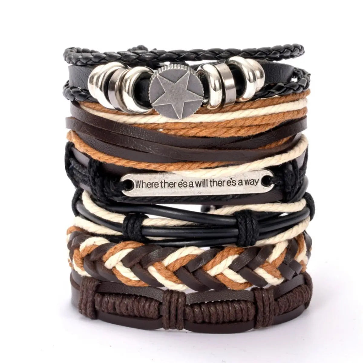 Fashion Black Skull Multi-layer Beaded Hand Leather Bracelet for Men Set Adjustable DIY Leather Winding Hand Rope