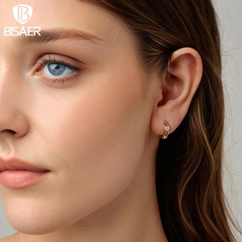 BISAER 925 Sterling Silver Double Ring Hoop Earrings Two-tones Huggie Earrings Plated 14K Gold For OL Women Party Fine Jewelry
